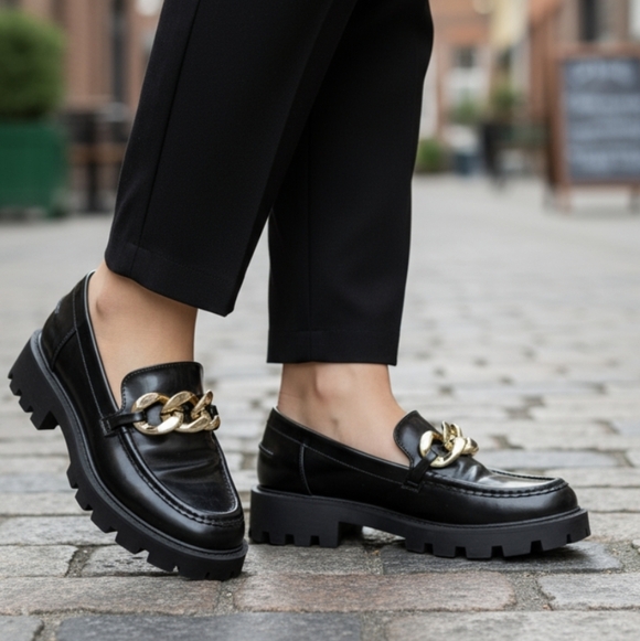 Lug chunky Grandpa Core Gold Chain Indie Sleaze black patent slipon loafers sz 8 - Picture 1 of 7